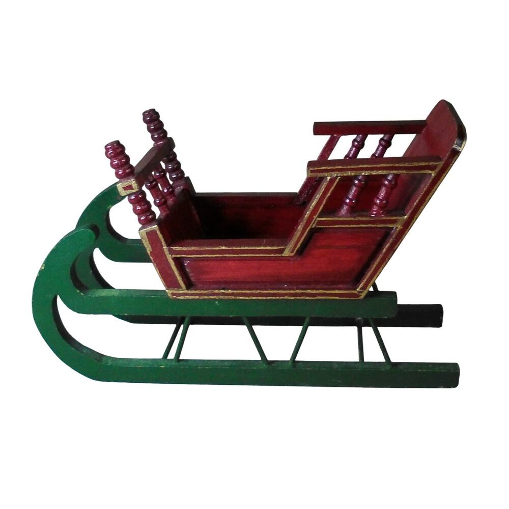 Inarco Wooden Small Christmas Sleigh Green Red Taiwan 10.5" x 7" x 4"
